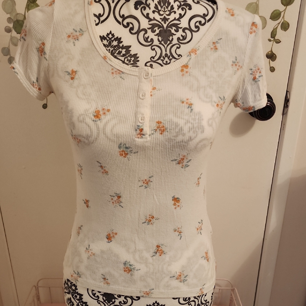 Floral Print Ribbed Henley Tops All 4 For 15 $